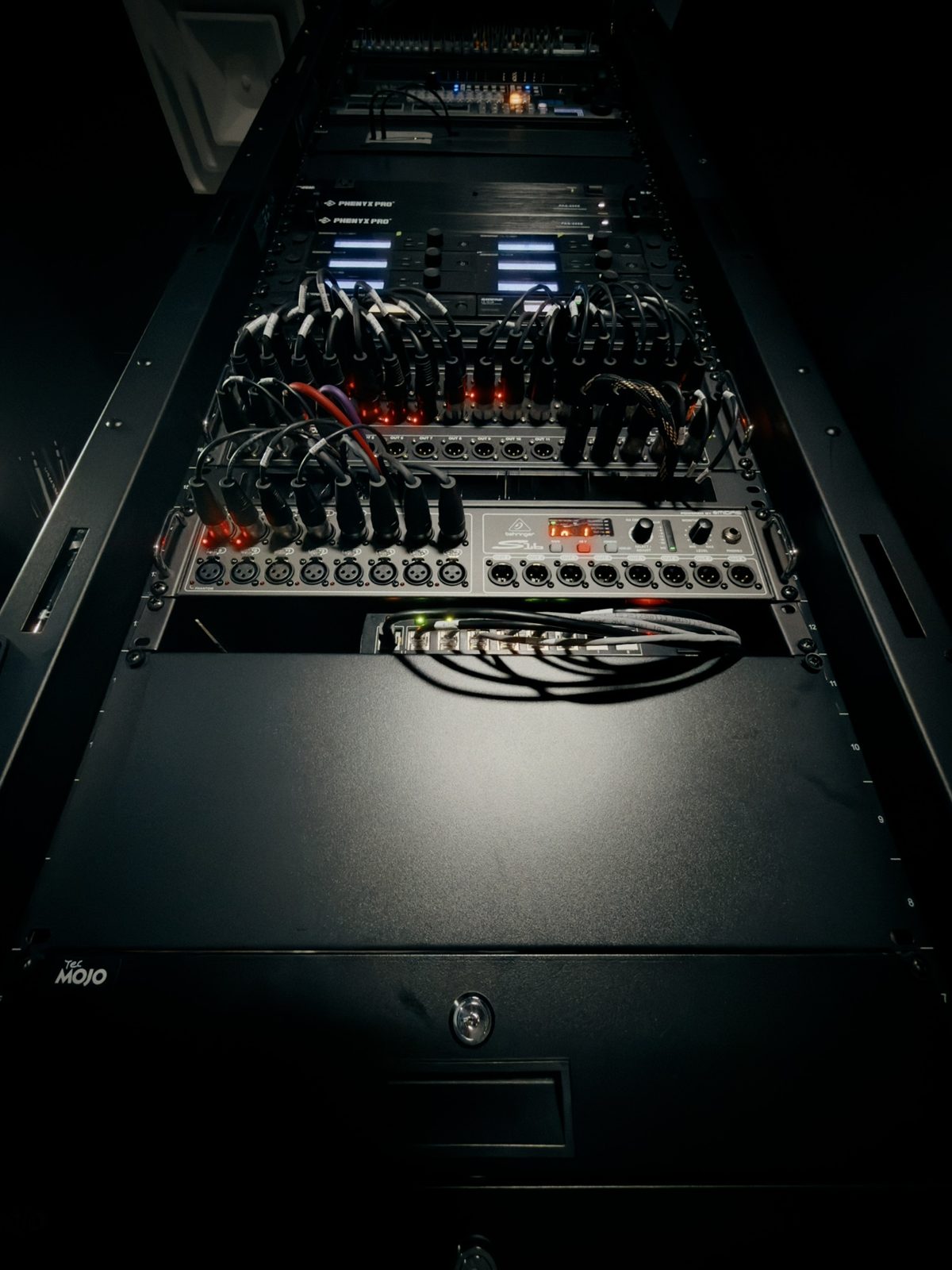 Low-angle view of the audio rack