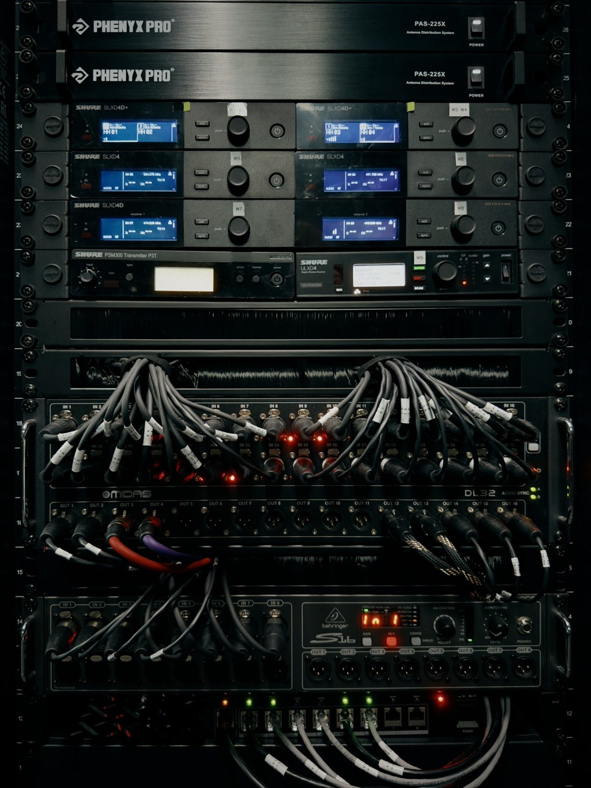 Audio rack with Shure wireless, Midas DL32 and Behringer S16