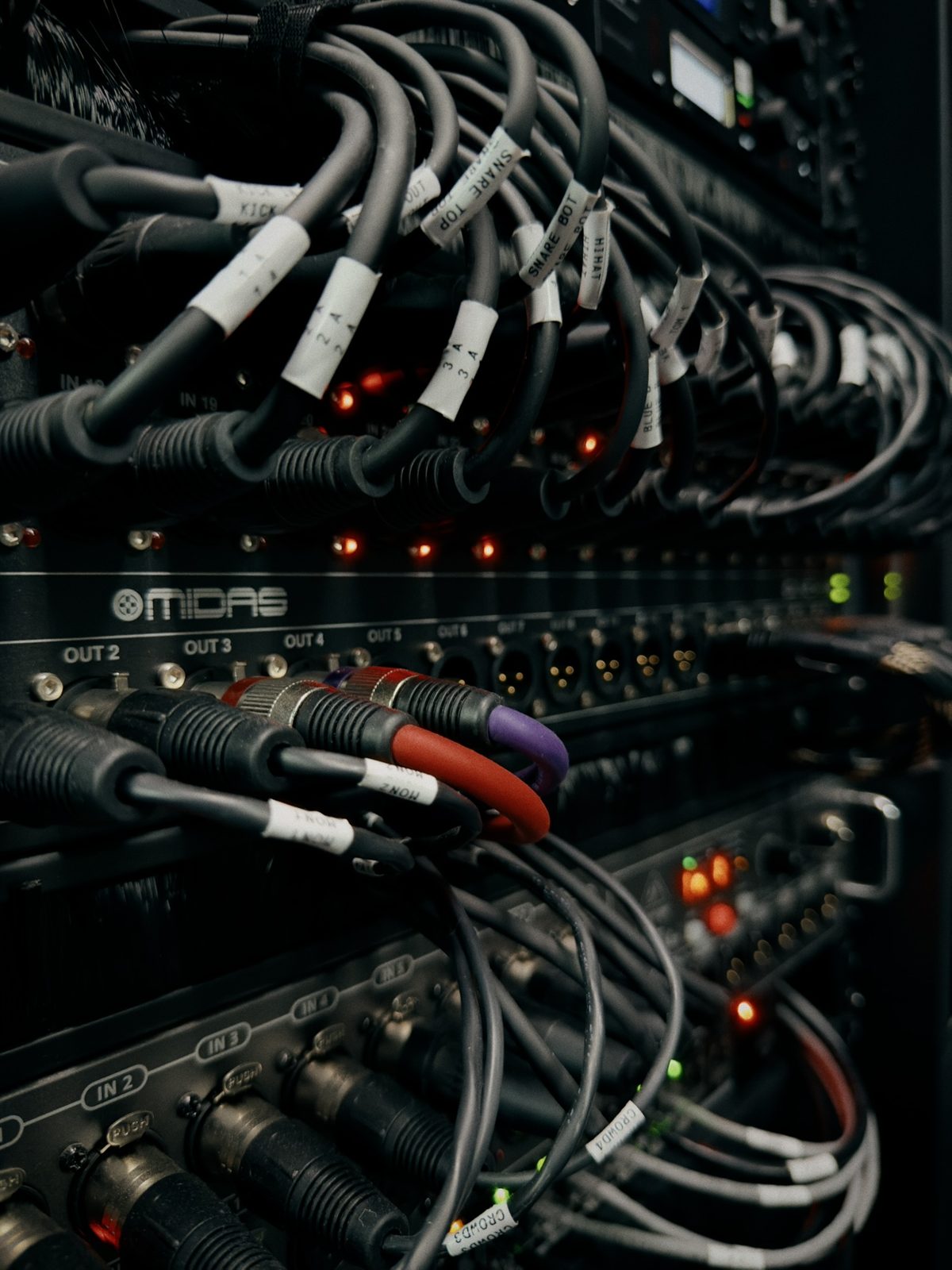 Labeled cabling on a Midas stage box