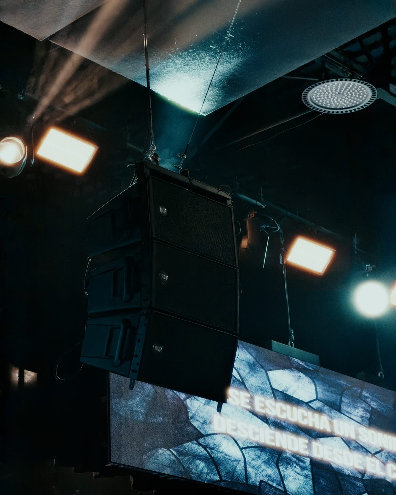 RCF line array hanging above the stage